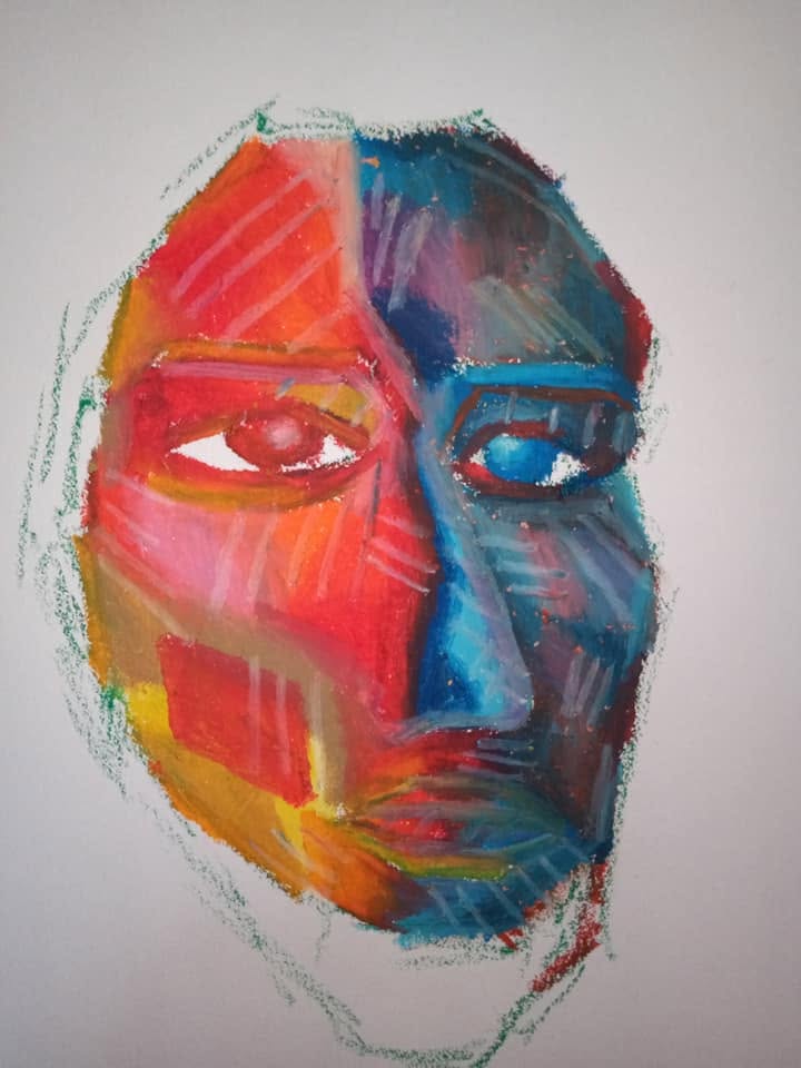 An abstract face with oil pastels