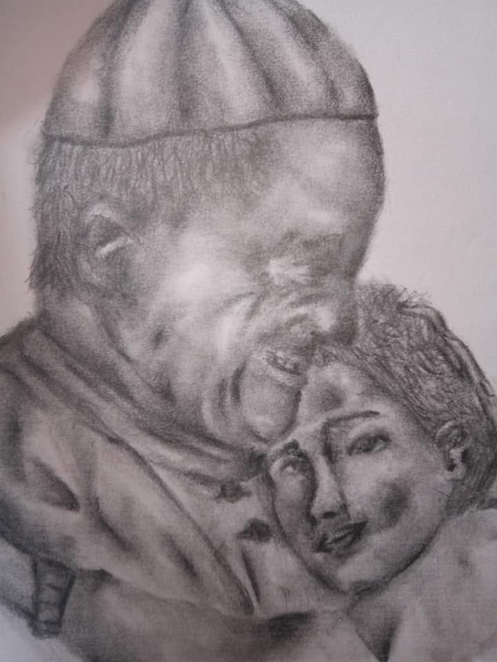 Graphite sketch of St. Pope Francis embracing a child
